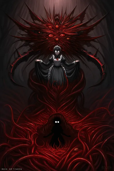 high quality, dark art, mechanical horror, metal maid-construct, opening body with spikes inside, bloody tentacles twist in a cavity, lots of eyes and teeth in organic mass, human-like silhouette of flesh inside, iron hinges and rivets, gothic style maid d...