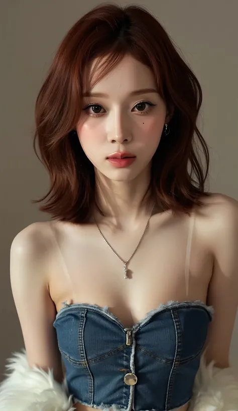 Draw a picture of a young woman with medium dark brown hair, My skin is white. She is wearrings a strapless denim croptop with big cleavage, necklace, earrings. Her expression is gentle, soft, A reflective gaze . To highlight her delicate features、soft nat...