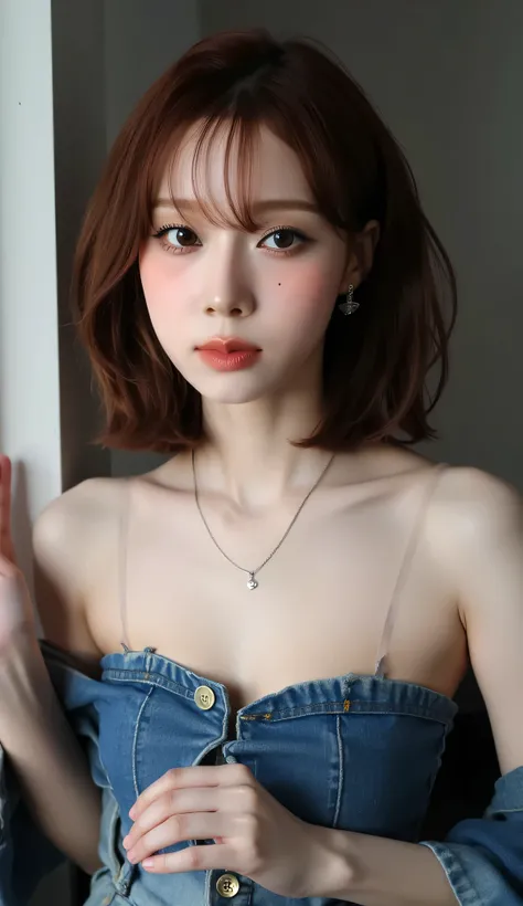 Draw a picture of a young woman with medium dark brown hair, My skin is white. She is wearrings a strapless denim croptop with big cleavage, necklace, earrings. Her expression is gentle, soft, A reflective gaze . To highlight her delicate features、soft nat...