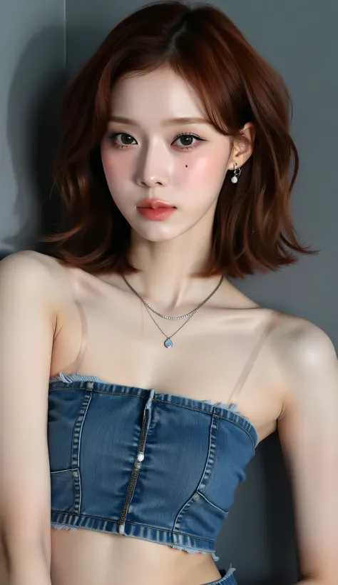 Draw a picture of a young woman with medium dark brown hair, My skin is white. She is wearrings a strapless denim croptop with big cleavage, necklace, earrings. Her expression is gentle, soft, A reflective gaze . To highlight her delicate features、soft nat...