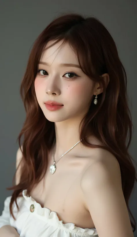 Draw a picture of a young woman with medium dark brown hair, My skin is white. She is wearrings , necklace, earrings. Her expression is gentle, soft, A reflective gaze . To highlight her delicate features、soft natural lighting in her hair. She poses to hig...