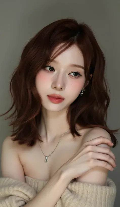 Draw a picture of a young woman with medium dark brown hair, My skin is white. She is wearrings , necklace, earrings. Her expression is gentle, soft, A reflective gaze . To highlight her delicate features、soft natural lighting in her hair. She poses to hig...