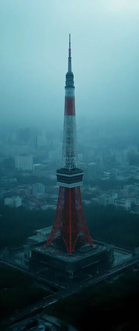 in a high-definition image with a helicopter、Heavy rain in Tokyo、heavy rain falling、centered around Tokyo Tower、Aerial view、I'm looking at Tokyo Tower from an oblique angle。