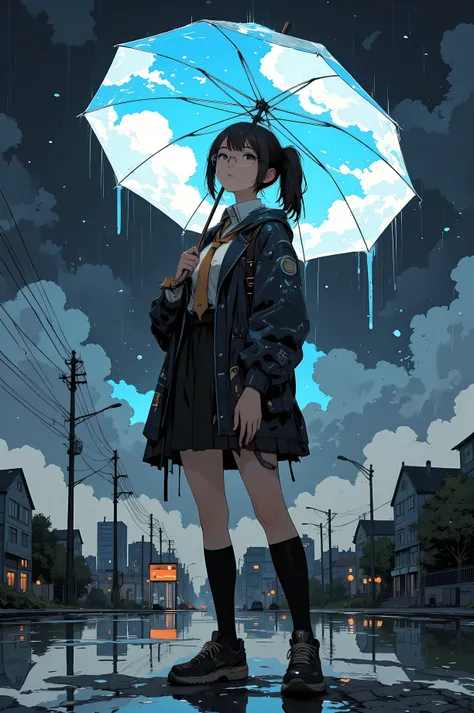 anime style, cinematic composition, a young woman with glasses standing in the rain, holding an umbrella open above her, the inside of the umbrella shows a bright blue sky with fluffy white clouds, emitting a soft magical glow, the surrounding world is rai...