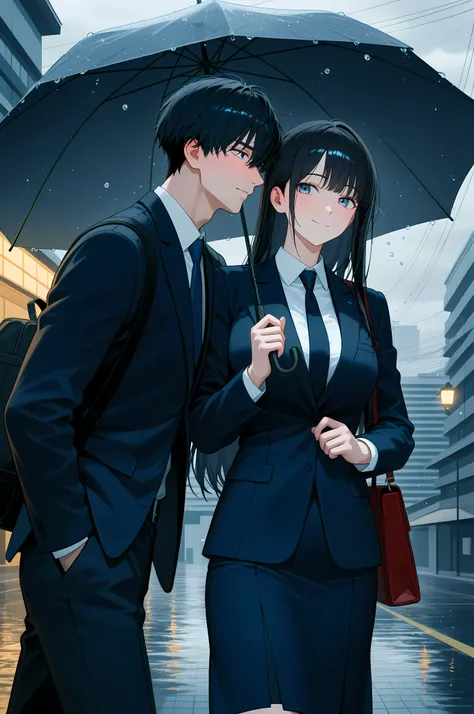A side view scene showing two clearly distinct adult characters standing under the roof of a building during a rainy day.

Female character (on the left): A young adult woman with long straight black hair, wearing a dark-colored business suit with a skirt....