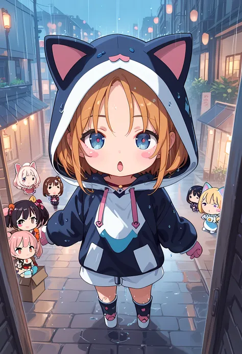score_9, score_8_superior, score_7_superior, masterpiece, best quality, absurdres, high_fidelity, vibrant, sauce_anime, (rating_explicit:0.7), masterpiece, Highest quality, Adorable, 1girl, (chibi:1.4), animal_hood, ANHD, cat costume, cosplay, wet body, (b...