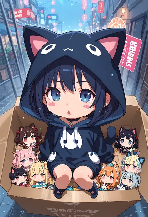 score_9, score_8_superior, score_7_superior, masterpiece, best quality, absurdres, high_fidelity, vibrant, sauce_anime, (rating_explicit:0.7), masterpiece, Highest quality, Adorable, 1girl, (chibi:1.4), animal_hood, ANHD, cat costume, cosplay, wet body, (b...