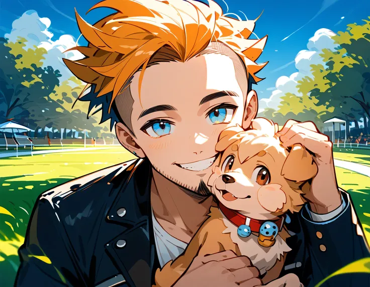 Putting their faces together,(1man and 1dog),looking at viewer:1.3,((((with small dog of Pomeranian)))),man,40years old,(The face of an old man with dignity),man's eyes,man's nose,man's mouth,smile,(short spiked hair),forehead,sidecut,undercut,beard,Blue s...