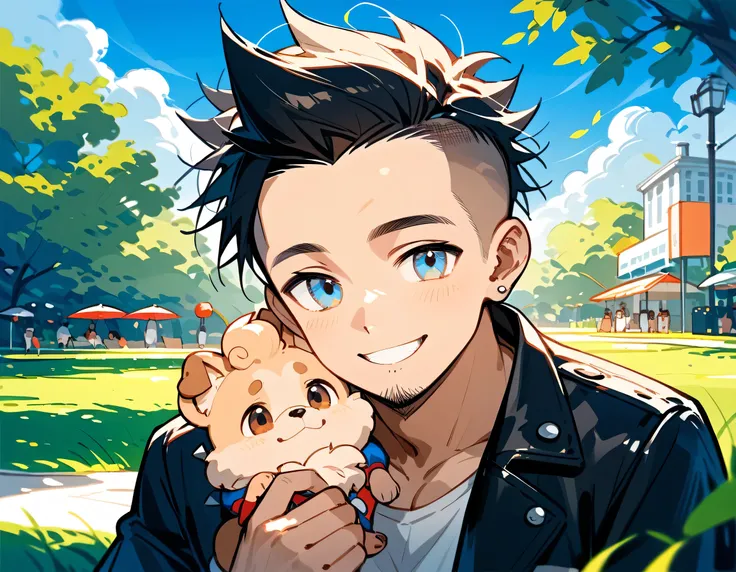 Putting their faces together,(1man and 1dog),looking at viewer:1.3,((((with small dog of Pomeranian)))),man,40years old,(The face of an old man with dignity),man's eyes,man's nose,man's mouth,smile,(short spiked hair),forehead,sidecut,undercut,beard,Blue s...