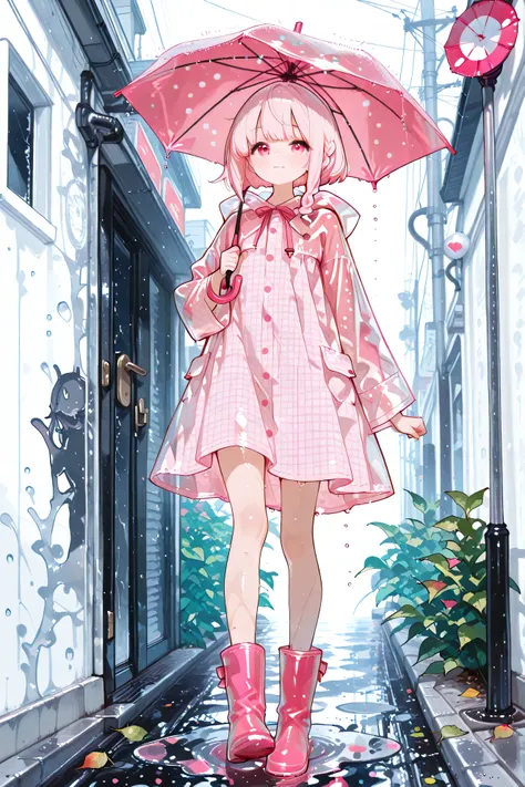 top quality、masterpiece、Beautiful girl、braided bob cut、Big Smiles、fun atmosphere、A little girl wearing pink rain boots is happily bouncing around in a puddle of water on a street corner on a rainy day、is cloudy, and、It&#39;s raining lightly、Raindrops are a...