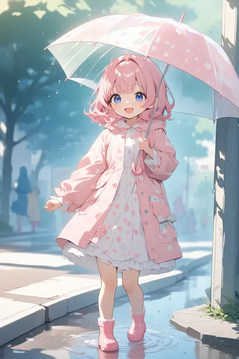 top quality、masterpiece、Beautiful girl、braided bob cut、Big Smiles、fun atmosphere、A little girl wearing pink rain boots is happily bouncing around in a puddle of water on a street corner on a rainy day、is cloudy, and、It's raining lightly、Raindrops are a...