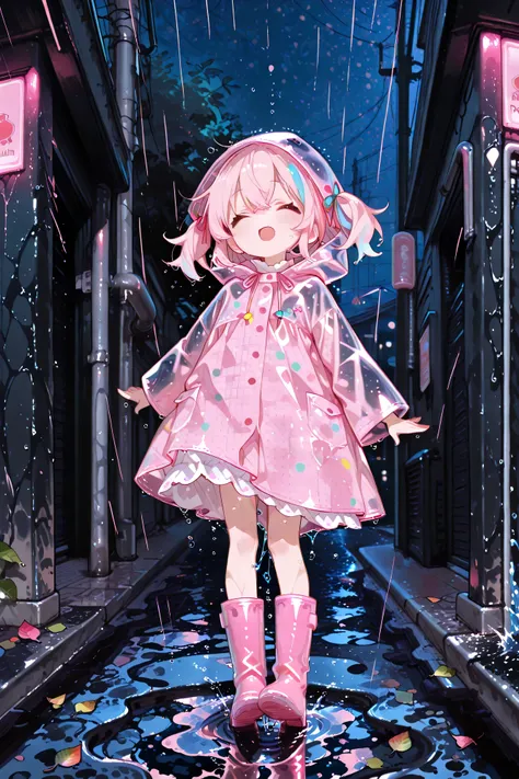 top quality、masterpiece、Girl、twin tails、fun atmosphere、Big Smiles、(A little girl wearing pink rain boots is happily jumping around a puddle of water on a street corner on a rainy night:1.5)、behind、Raindrops are attached and shining brightly、round puddle sp...
