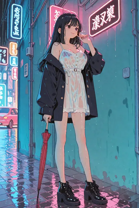 top quality、masterpiece、cute、big boobs、A quiet back alley in the middle of the night、In the midst of drizzling rain、A beautiful woman standing under a street lamp A young woman、Her long black hair is wet and shiny、Her wet clothes are sticking to her body、H...