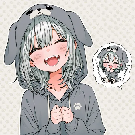 girls、deformed character、deformed characterだけ、2 heads、anime、upper body、Medium Hair、Gray hair color、facing the front、sitting、Saggy Eyes、hoodie hood over your head、Background White Wallpaper 、Dog footprint stamp on background、cute、laughing、eyes twinkling、