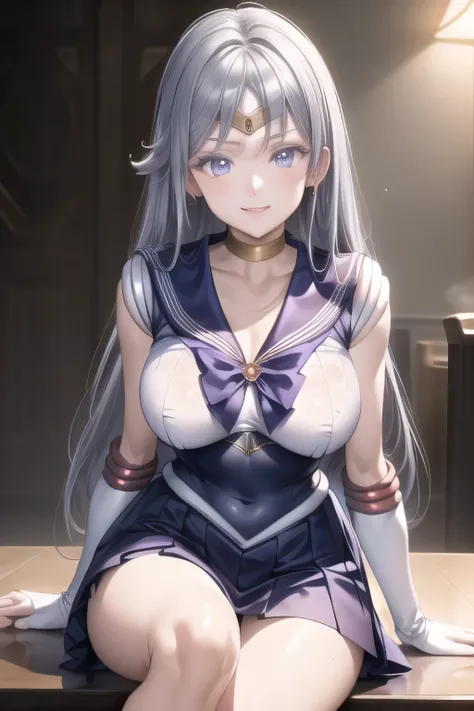 Woman with long silver hair,can you draw a woman in a Sailor Moon costume,white sleeveless costume，blue pleated micro mini skirt，blue boots，Big Breasts，Big Breastsでもウエストが細い， light clothing，Beautiful legs，I'm alone，The animated CG,big boobsをさらにbig boobsに描いて...