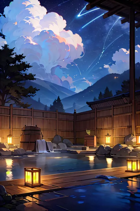 (masterpiece:1.2),best quality,blue archive background, no humans, tree, bucket, night, sky, scenery, onsen, star (sky), outdoors, night sky, lantern, starry sky, water, wooden bucket, fence, steam, cloud, towel, rock, 