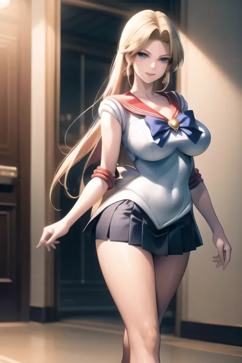 Blondeロングヘアー，nice smileの女性，only，face is absolutely necessary，Can you draw a woman in a light Sailor Moon costume，Can you draw light blue clothes，Blue ribbon belt at the waist，  Sophisticated and elegant woman，Blonde 、can you draw a woman with raised bangs，...