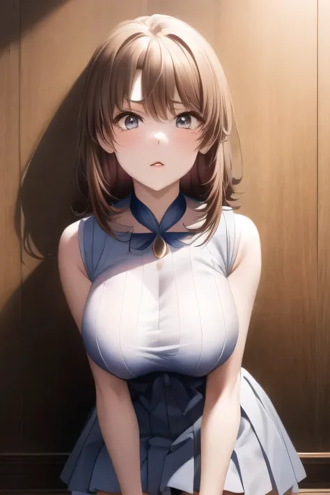  Can you draw a light dress of a sailor moon costume of a woman a beautiful smile of a woman  ，brown hair short hair of a woman，，20 years old of a nice smile of an adult of woman，sleeveless costume，pleated micro mini skirt，boots，Big Breasts，Beautiful legs，...