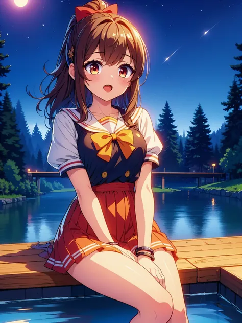 Highly detailed, high quality, masterpiece, beautiful, (all photo shooting), girl child student, sitting, thighs spread, perfect eyes, red eyes, light eyes, blushing face, happy face, big thighs, medium chest, short stature, long hair with ponytail, light ...
