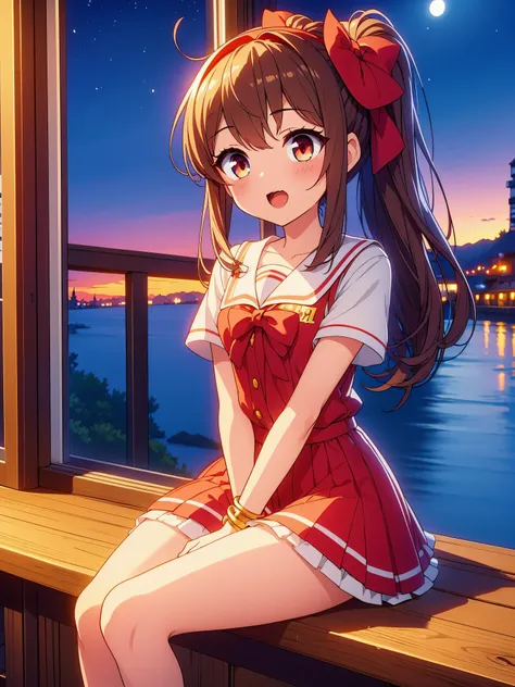 Highly detailed, high quality, masterpiece, beautiful, (all photo shooting), girl child student, sitting, thighs spread, perfect eyes, red eyes, light eyes, blushing face, happy face, big thighs, medium chest, short stature, long hair with ponytail, light ...
