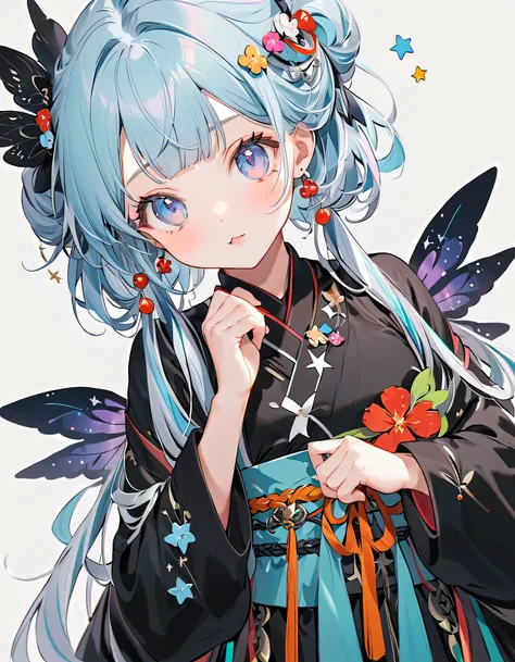 with a 25-year-old Chinese emperor、 1 girl,,Blink, 先端が青色になるように、make the hair color milk white so that the tips are blue、 the cutest girl in the world ,please wear a colorful and cute gothic kimono costume , Star Fairy ,please wear a colorful and cu...