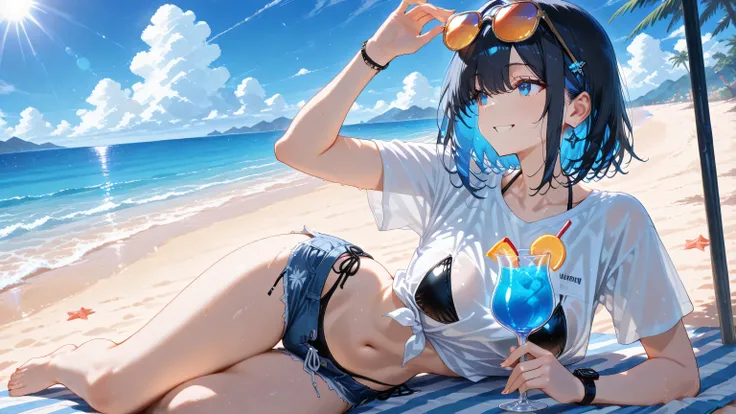 masterpiece, one girl, black medium hair, short cut, blue inner hair, asian, blue eyes, at the beach, wearing black bikini, wearing white t shirt and hot pants over bikini, wearing sun glasses, playing, smiling, happiness, joy