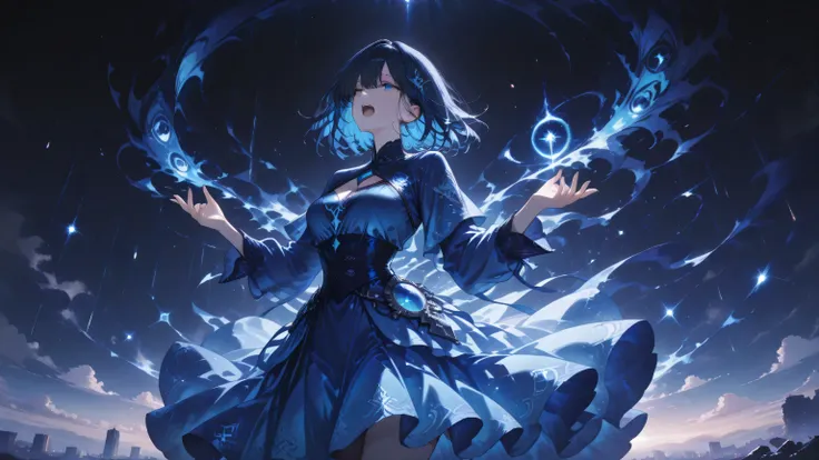 masterpiece, one girl, black medium hair, short cut, blue inner hair, asian, blue eyes, wearing blue dress (in fantasy), Apocalyptic atmosphere, singing passionately,