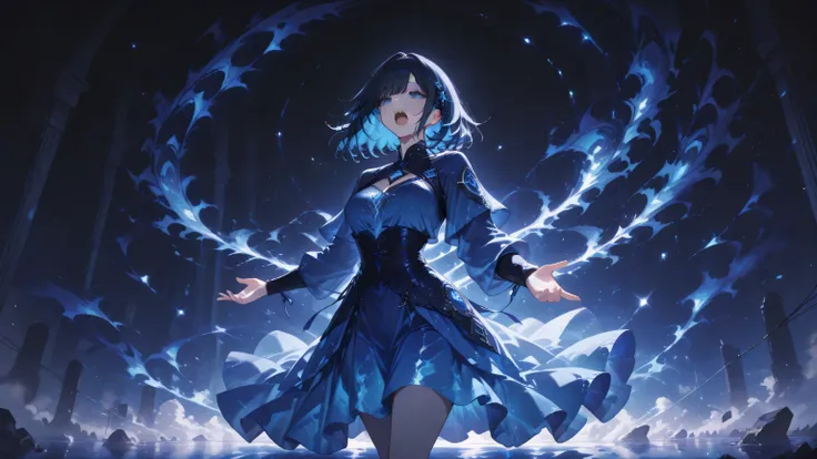 masterpiece, one girl, black medium hair, short cut, blue inner hair, asian, blue eyes, wearing blue dress (in fantasy), Apocalyptic atmosphere, singing passionately,
