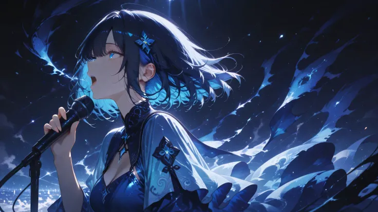 masterpiece, one girl, black medium hair, short cut, blue inner hair, asian, blue eyes, wearing blue dress (in fantasy), Apocalyptic atmosphere, singing passionately, close shot of the girl