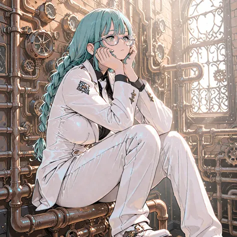 masterpiece, best quality, full body, steampunk, 1girl, long hair, aqua hair, low-braided hair, grey eyes, silver glasses, white suits, black shirts, white tie, soft neutral expression, big breast, sitting on pipe, hands on cheek, arms on knee, straight-on