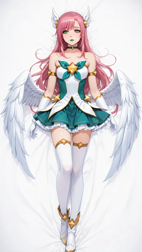 1girl,bare shoulders ,long hair, star guardian\(league of legends\),white gloves, magical girl, very long hair, armlet, skirt, wings, feathered wings, white thighhighs, elbow gloves, ,choker, alternate costume, hair ornament, collarbone, bangs, hinagiku ka...