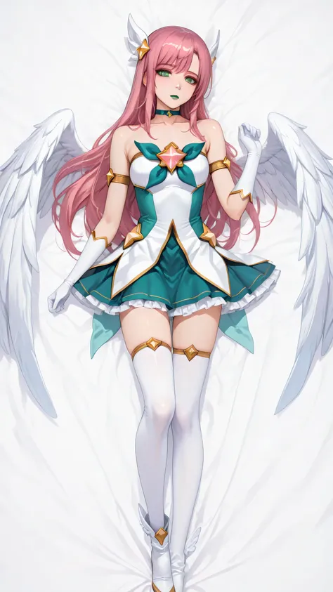 1girl,bare shoulders ,long hair, star guardian\(league of legends\),white gloves, magical girl, very long hair, armlet, skirt, wings, feathered wings, white thighhighs, elbow gloves, ,choker, alternate costume, hair ornament, collarbone, bangs, hinagiku ka...