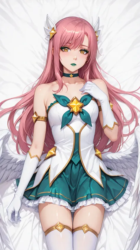 1girl,bare shoulders ,long hair, star guardian\(league of legends\),white gloves, magical girl, very long hair, armlet, skirt, wings, feathered wings, white thighhighs, elbow gloves, ,choker, alternate costume, hair ornament, collarbone, bangs, hinagiku ka...