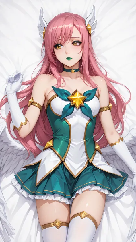 1girl,bare shoulders ,long hair, star guardian\(league of legends\),white gloves, magical girl, very long hair, armlet, skirt, wings, feathered wings, white thighhighs, elbow gloves, ,choker, alternate costume, hair ornament, collarbone, bangs, hinagiku ka...