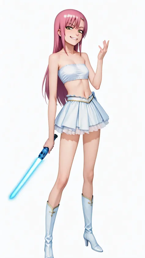 1 girl, ,hinagiku katsura, pink long hair, yellow eyes, smirk face, white Bandeau Bralette , white mini skirt, white high heels boots, full body, standing up, masterpiece, dakimakura, Padawan, holding a lightsabre, blue lightsabre in hand,  portal behind h...