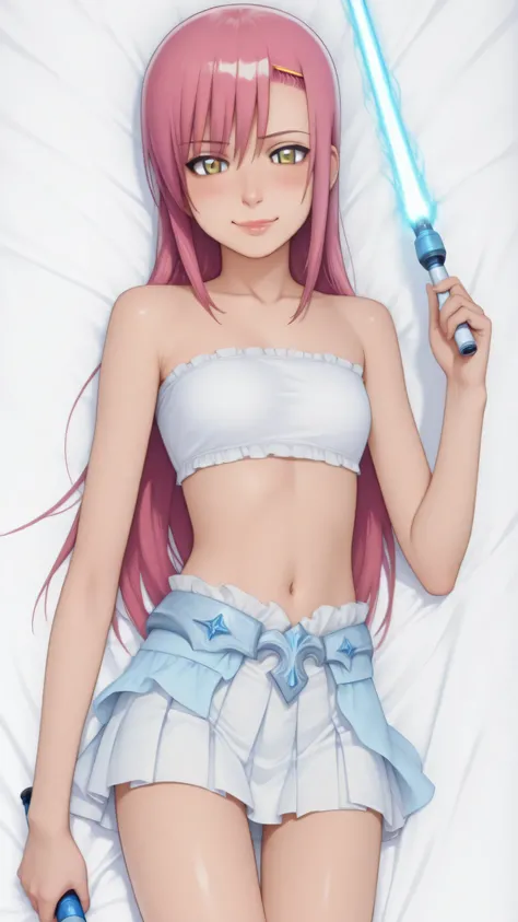 1 girl, ,hinagiku katsura, pink long hair, yellow eyes, white Bandeau Bralette , white mini skirt, masterpiece, dakimakura, Padawan, holding a lightsabre, blue lightsabre in hand,  portal behind her, face only, high quality facial features, lip gloss, swee...