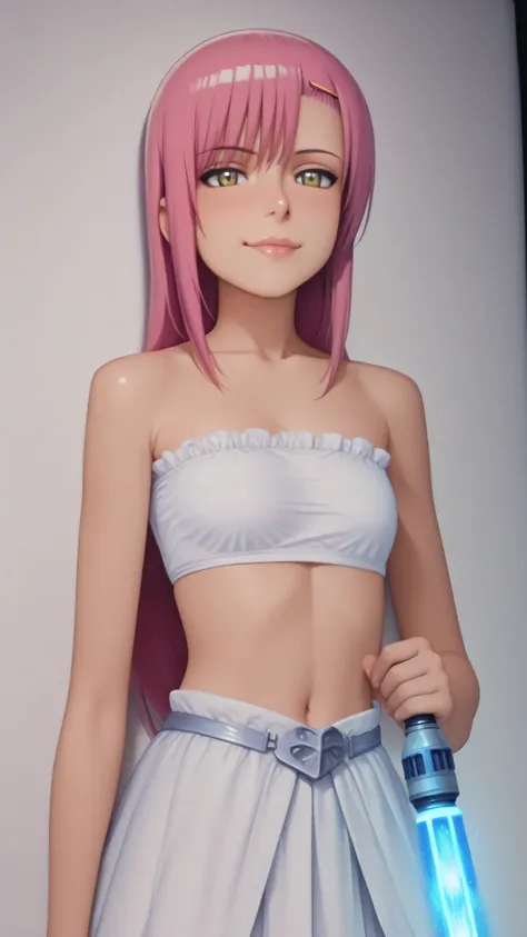 1 girl, ,hinagiku katsura, pink long hair, yellow eyes, white Bandeau Bralette , white mini skirt, masterpiece, dakimakura, Padawan, holding a lightsabre, blue lightsabre in hand,  portal behind her, face only, high quality facial features, lip gloss, swee...