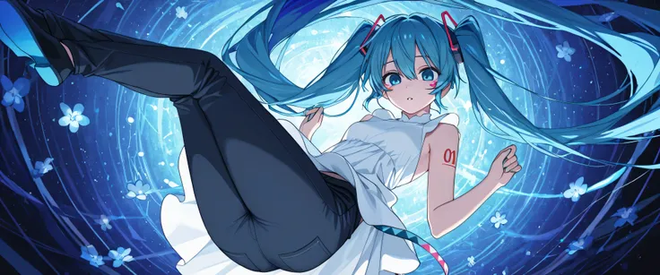1girl, solo, long hair, Hatsune Miku, twin tails, very long hair, dress, blue hair, butt under pants, Full Body, Blue Eyes, Floating, viewers staring sharply, hair ornament, sleeveless, black butt under pants, multi-colored hair, facial mark, sleeveless dr...