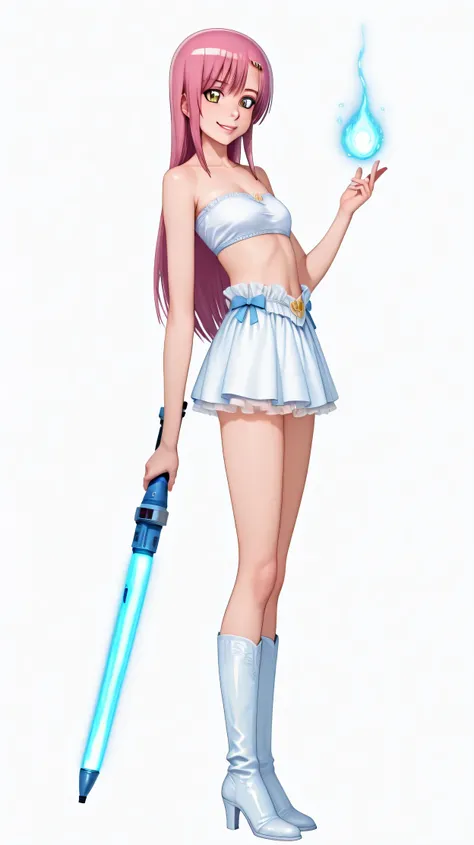 1 girl, ,hinagiku katsura, pink long hair, yellow eyes, sweet smile, white Bandeau Bralette , white mini skirt, white high heels boots, full body, standing up, masterpiece, dakimakura, Padawan, holding a lightsabre, blue lightsabre in hand,  portal behind ...