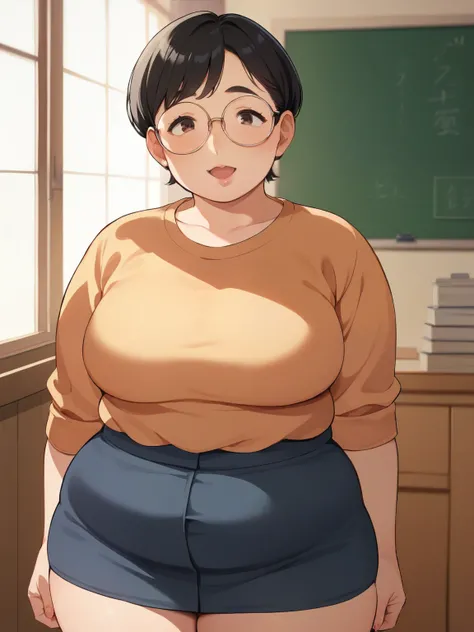 score_9, score_8_up, anime，nsfw，Age 35，Japanese，sober middle aged woman，Middle-aged obesity，Kind teacher，unmarried mature，round face，thighs，nerd，glasses，animeガール，chubby in my house，short black hair with waist，Teacher&#39;s clothes，short skirt，disheveled cl...