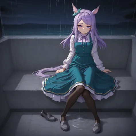 anime, lazypos, masterpiece, best quality, amazing quality, sitting in shower, looking at viewer, dim lighting, night, night time, pov, 1girl, solo, mmacqueen, long hair, purple hair, horse girl, purple eyes, flat chest, mmcasual, aqua pinafore dress, blac...