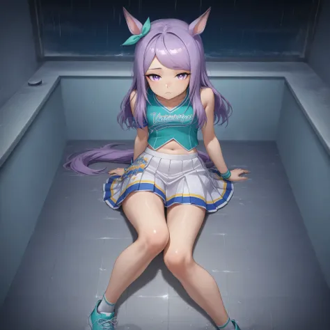 anime, lazypos, masterpiece, best quality, amazing quality, sitting in shower, looking at viewer, dim lighting, night, night time, pov, 1girl, solo, mmacqueen, long hair, purple hair, horse girl, purple eyes, flat chest, mmcheerleader ,aqua vest, aqua plea...