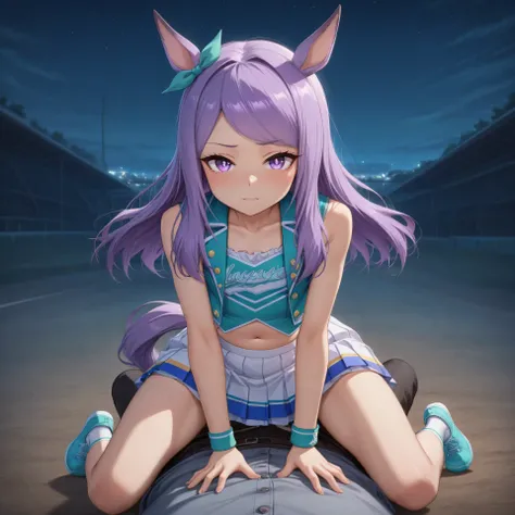 anime, lazypos, masterpiece, best quality, amazing quality, at racetrack, looking at viewer, night, night time, pov, 1girl, solo, mmacqueen, long hair, purple hair, horse girl, purple eyes, flat chest, mmcheerleader, aqua vest, aqua pleated skirt, pom pom,...