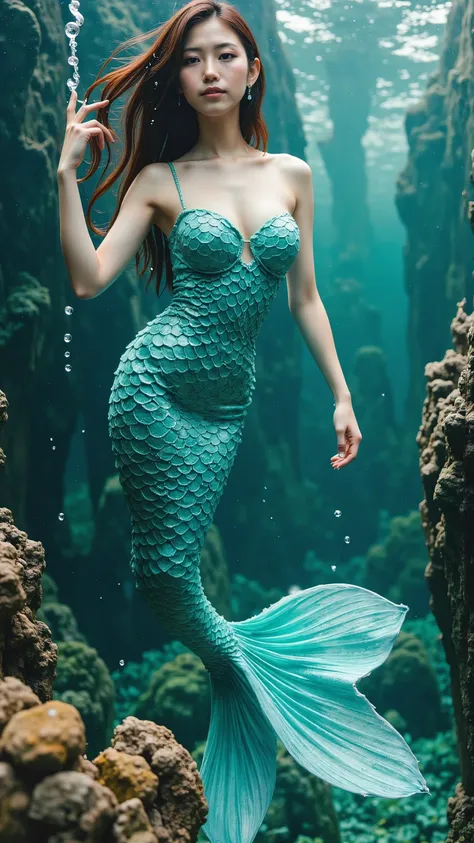 The Little Mermaid、 It personifies a very beautiful young Japanese and half Korean woman 、Slim and feminine figure、Off-the-shoulder one-piece clothes. (((Mermaid Fin))),  Woman with long, beautiful gold 。Bewitching beauty、 crystal clear white skin、Droopy e...