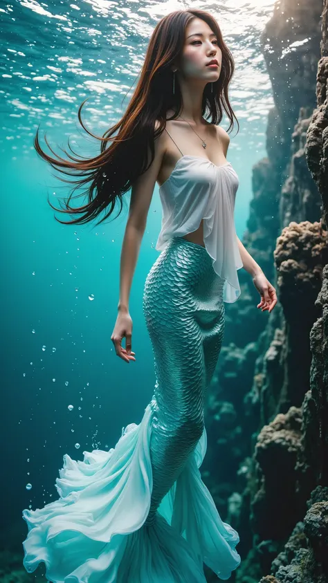 The Little Mermaid、 It personifies a very beautiful young Japanese and half Korean woman 、Slim and feminine figure、(((Mermaid Fin))),  Woman with long, beautiful gold 。Bewitching beauty、 crystal clear white skin、Droopy eyes、double eyelids、 In the ocean wit...