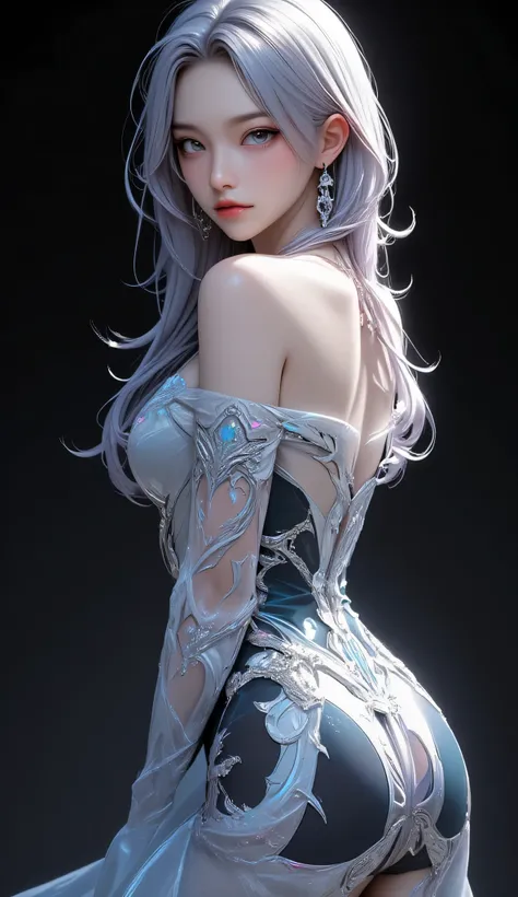 (masterpiece),(top quality:1.2),(perfect anatomy),Exquisite Details,((1 girl)),Long Silver Hair,((big breasts)), beautiful and delicate blue eyes ,Hologram Dress,(Holographic Hello:1.5),(Black background),(extremely elaborate and elegant), Silky Touch,cowb...