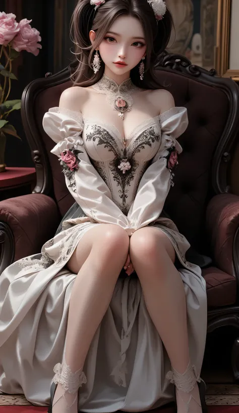 Baroque, Gothic Lolita, cute, One Girl, Alone, Full Body, (Detailed Clothes), (beautiful detailed face), (Beautiful Attention to Details), Black sofa, black dress, Ridiculous, white lace, high res, Super Detailed, most detailed, red lips