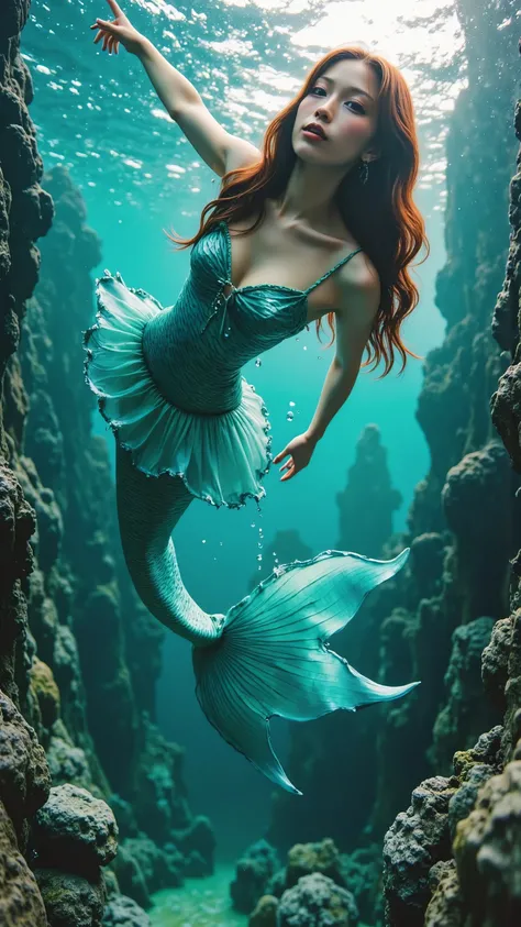 The Little Mermaid、 It personifies a very beautiful young Japanese and half Korean woman 、Smiling gently,  Slim and feminine figure、Vermilion gold Off-the-shoulder one-piece clothes. (((Mermaid Fin))),  Woman with long, beautiful blue black 。Bewitching bea...