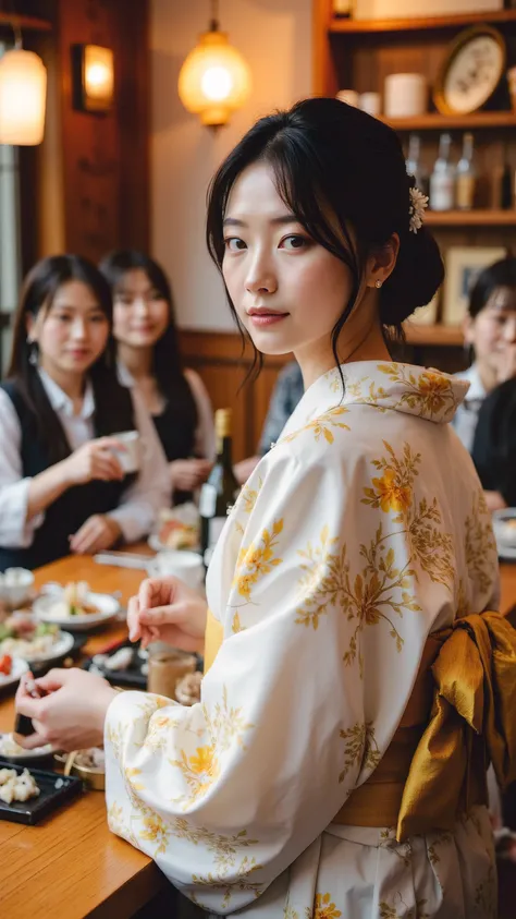  The shining young woman enhances her authenticity 、I'm wearing an elegant traditional Japanese kimono decorated with intricate floral patterns in white and gold colors, droopy eyes 、Double eyelids、 she has a slightly slanted 、(( with customers enjoying th...