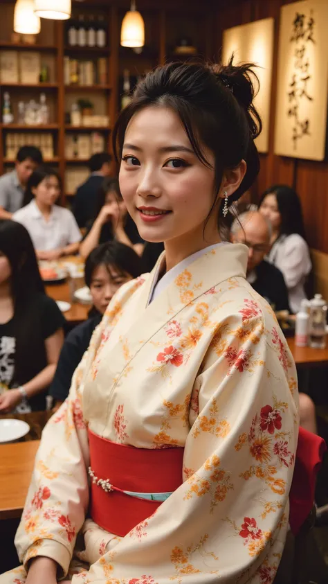  The shining young woman enhances her authenticity 、I'm wearing an elegant traditional Japanese kimono decorated with intricate floral patterns in white and gold colors, droopy eyes 、Double eyelids、 she has a slightly slanted 、(( with customers enjoying th...